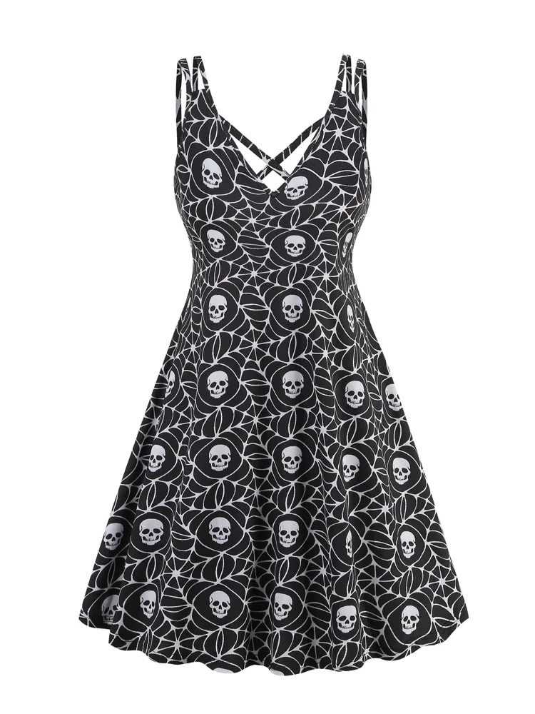 2024 Bat Print Halloween Costume Dress Party Night Women Criss Cross V-Neck Spaghetti Strap Fit and Flare Vintage Sexy Dresses