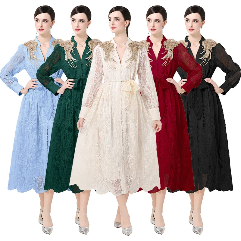 

Ретро-платье А-силуэта с длинными рукавами, вышивкой и водорастворимым кружевом, с изысканной отделкой, универсальное, для повседневной носки и прогулок по городу