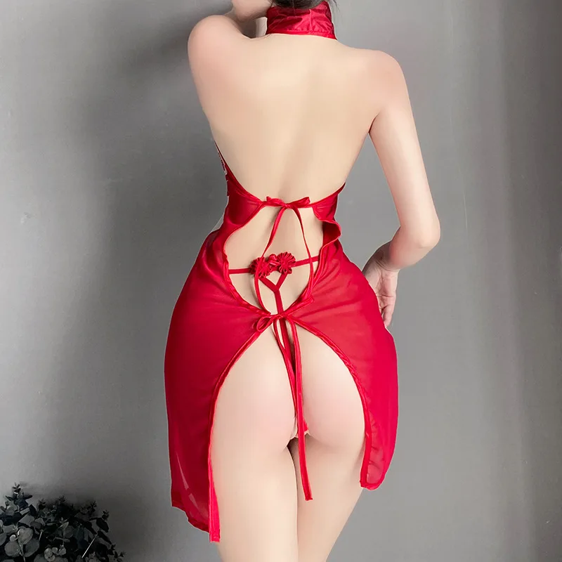 セクシーなハイスリットチャイナナイトガウン蝶刺繍ヴィンテージレトロパジャマセット魅力的なランジェリースリープドレス