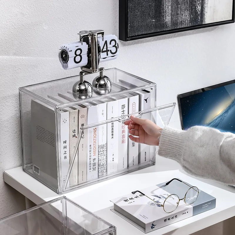 

Transparent Book Storage Box Foldable Dustproof Bookcase Toys Magazine Snacks Desktop Organizer Large Capacity Bags Storage Box