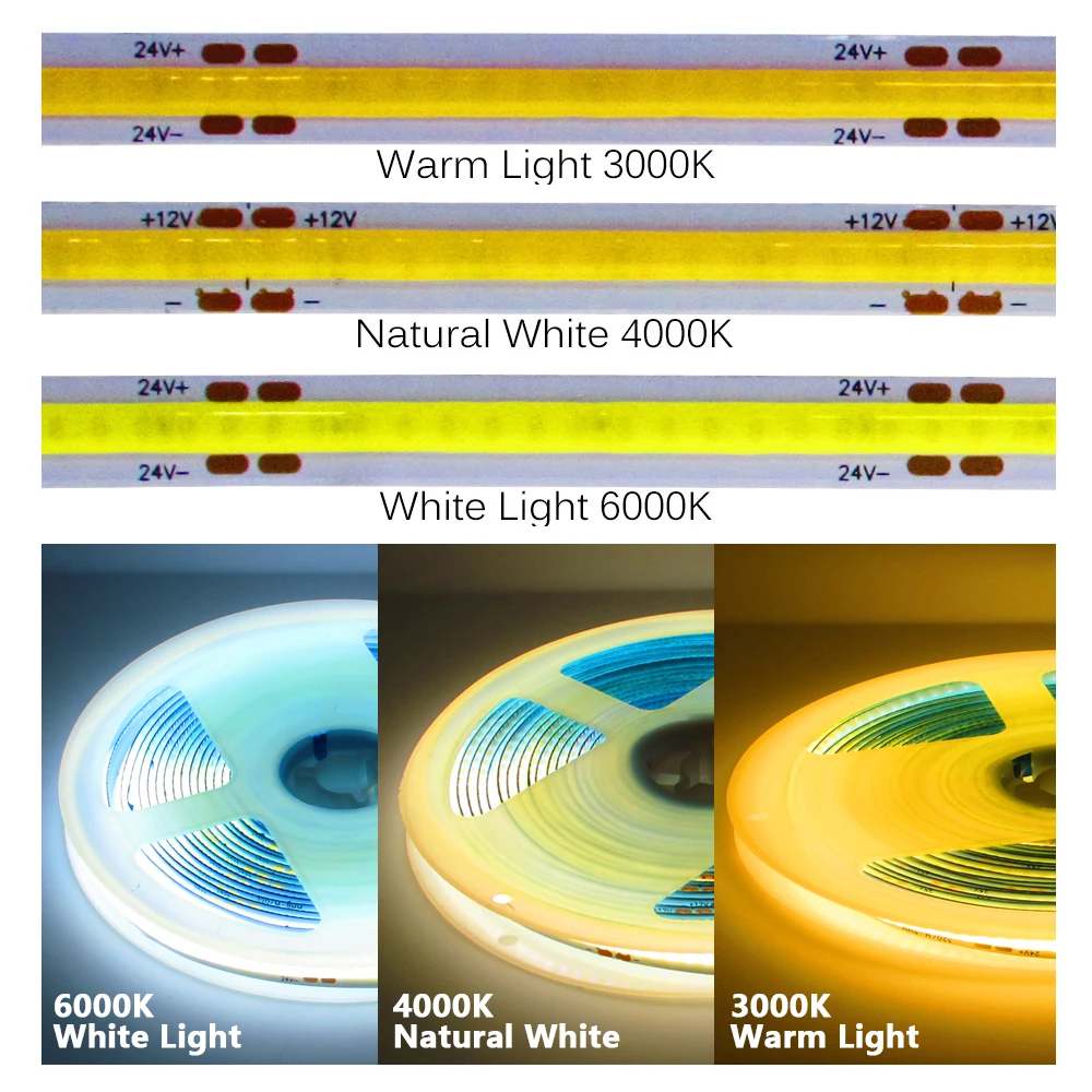 

12V 24V COB LED Strip Light Waterproof 5mm 8mm 10mm 320/384/528 LEDs/m RA90 High Density Flexible Soft COB Led Strip Tape Diode