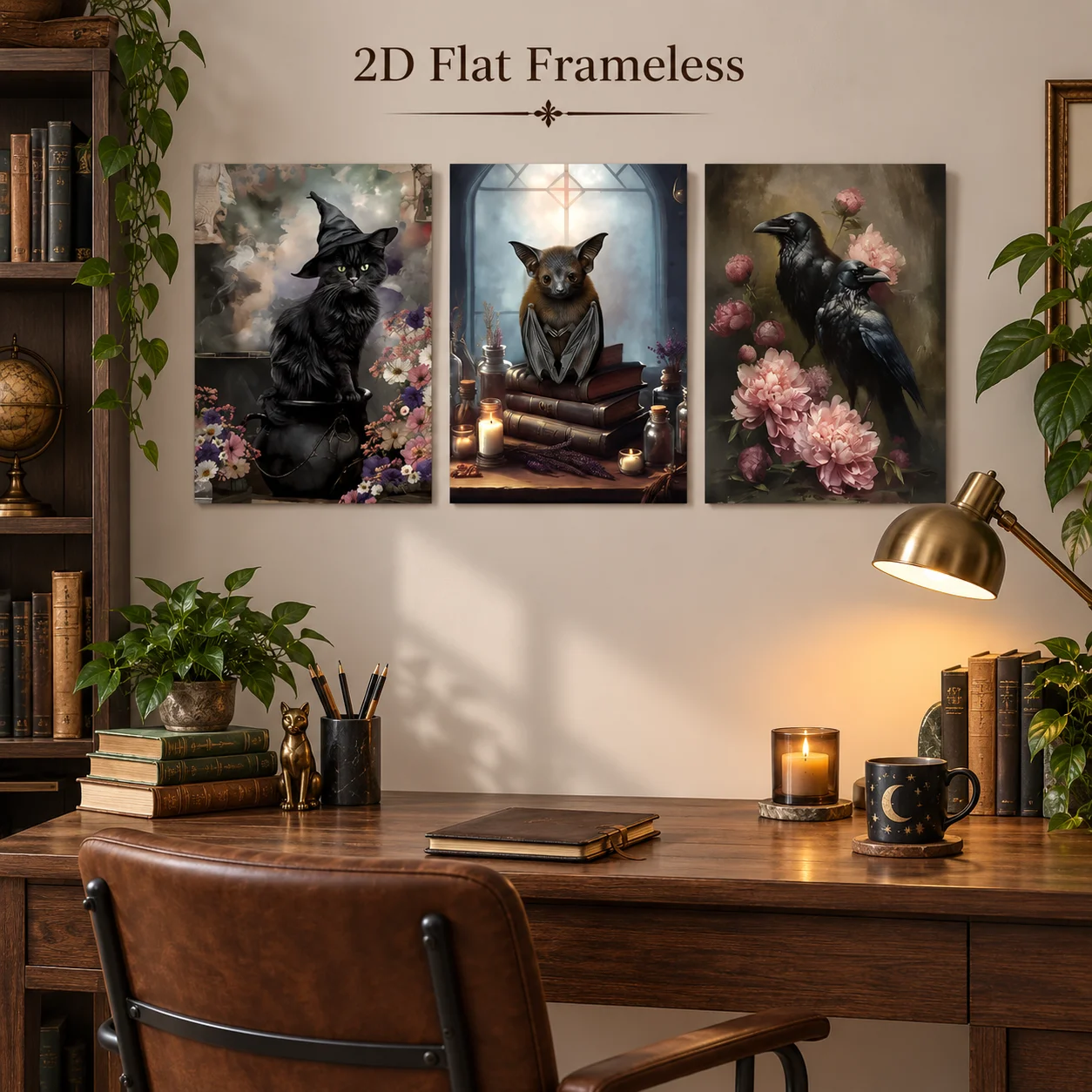 3 Gothic Dark Academy style canvas posters, including books, bats, flowers, black cats, and crows, perfect for decorating home o