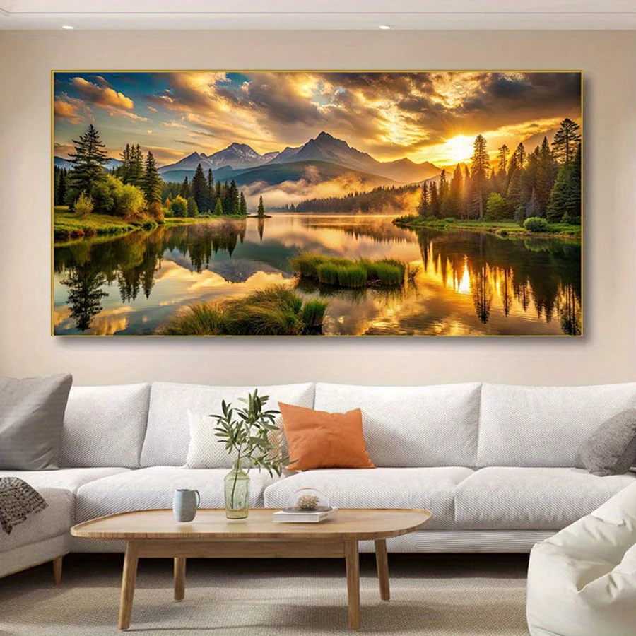 1pc frameless  Canvas Art Print - Golden Sunrise, Snowy Mountains With Reflecting Water, Modern  Or Bedroom Wall Decor