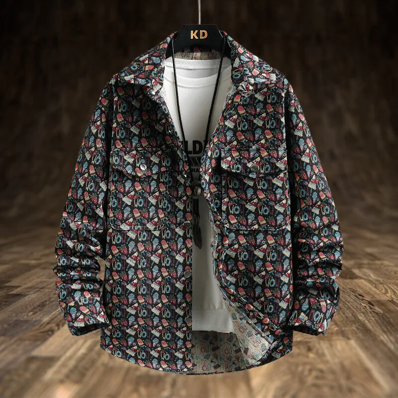 

Весенне-летняя новая высококачественная мужская рубашка из плотного джинсового материала с принтом, модная и повседневная рубашка в этническом стиле, свободная версия 202.