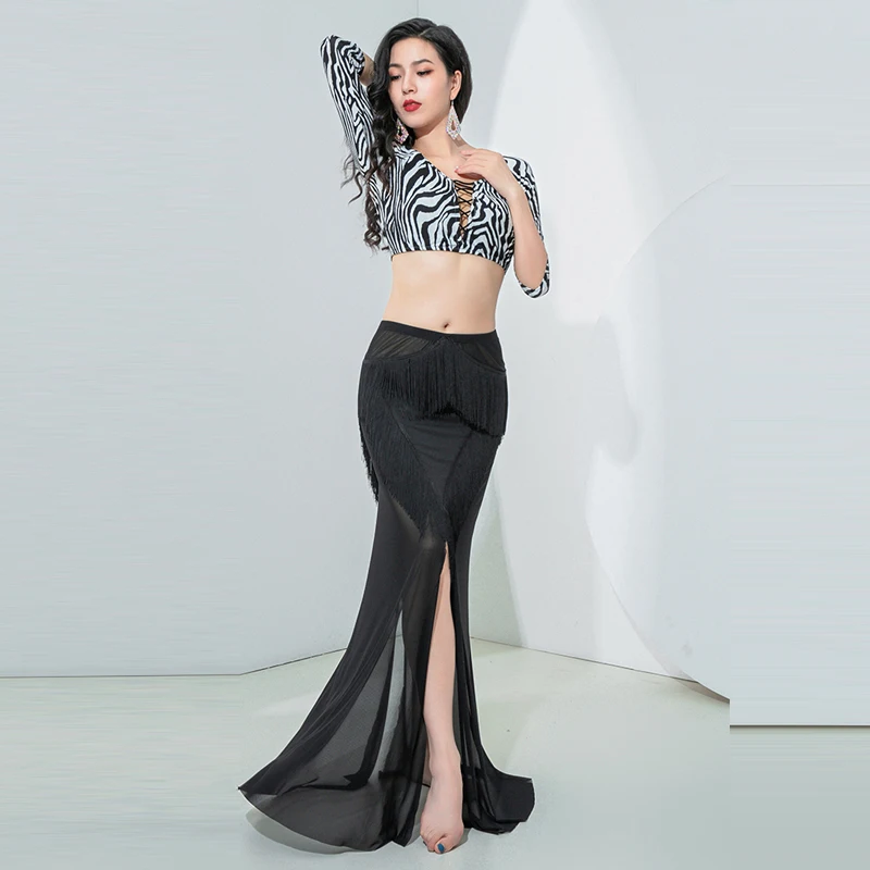 

2024 New Belly Dance Women's Leopard Print Top+Sexy High Waist Fishtail Tassel Skirt Oriental Dance Training Set