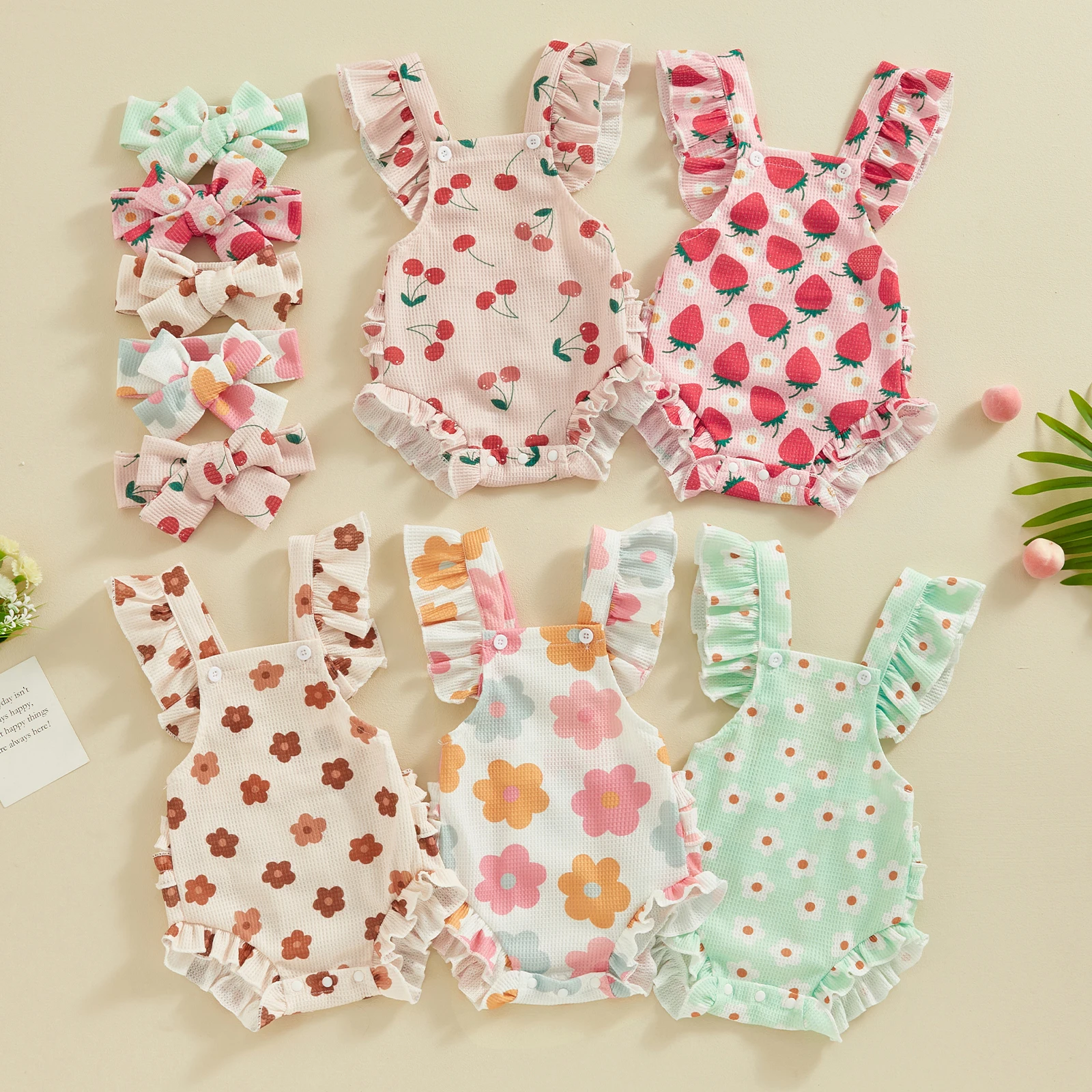 Pudcoco Toddler Baby Girls Romper Summer Bodysuit and Headband Strawberry/Flower/Cherry Print Fly Sleeve Frills Infant Jumpsuit