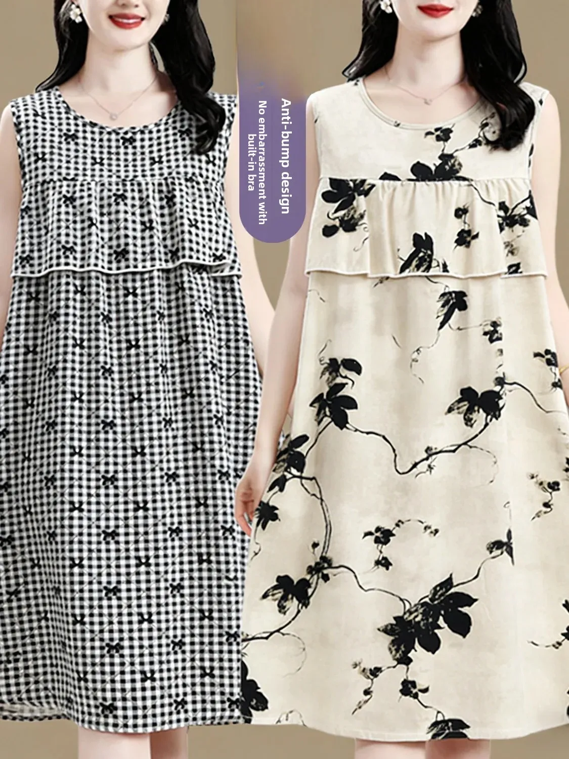 Summer Women's Sleeveless Cotton Silk Sleepwear Home Clothes Mom Style No Chest Pad Anti-Bulge Mid-Length round Neck Dress