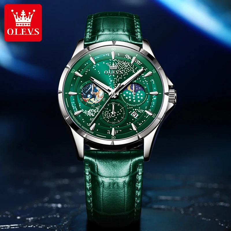 OLEVS 2023 New Men Watch Fashion Starry Sky Dial Design Multifunctional Quartz Watch Green Leather Strap Relogio Masculino 5538