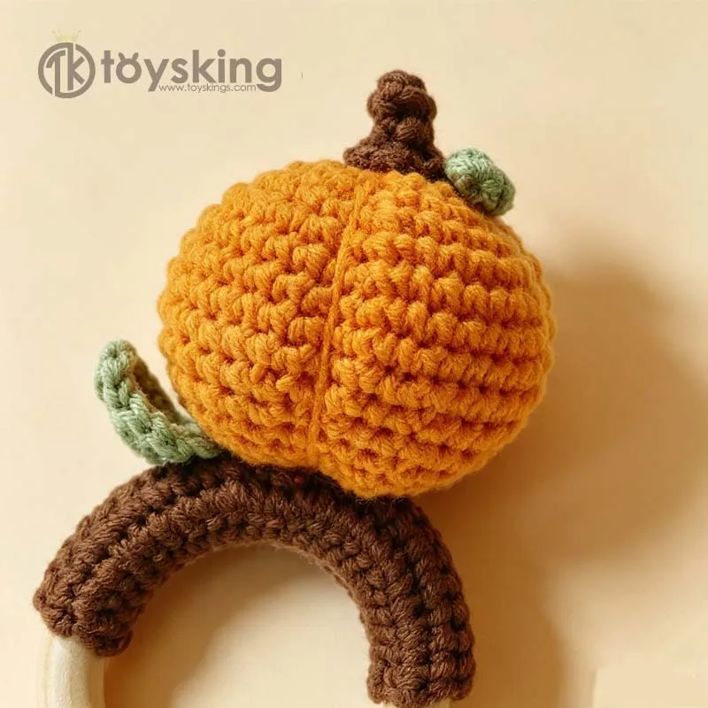 Hand Crochet Pumpkin Plush Rattle Toy Soft Handmade Fruit Shaped Shaking Bell Infant Soothing Sensory Toy