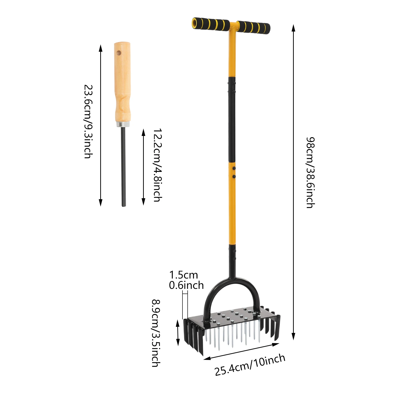 Stehender Rasenbelüfter – 2-in-1 Bodenlockerer & Belüfter mit 16 massiven Spikes & 8 Kernlöchern, ergonomischer T-Griff, arbeitssparend – Detail 1