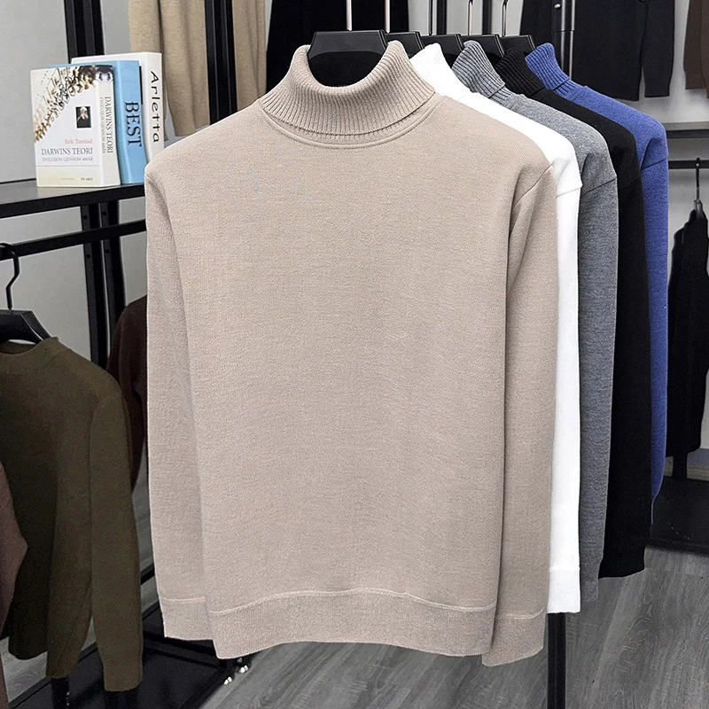 Men's Solid Color Wool Sweater with Winter High Neck and Thick Cashmere Sweater Men's Knitted Cashmere Base Sweater Top