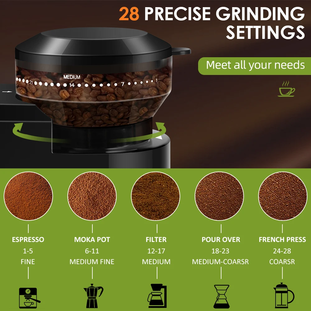 Electric Coffee Grinder Automatic Burr Mill Coffee Bean Grinding with 28 Grind Settings for Espresso French Press 2-12 Cups