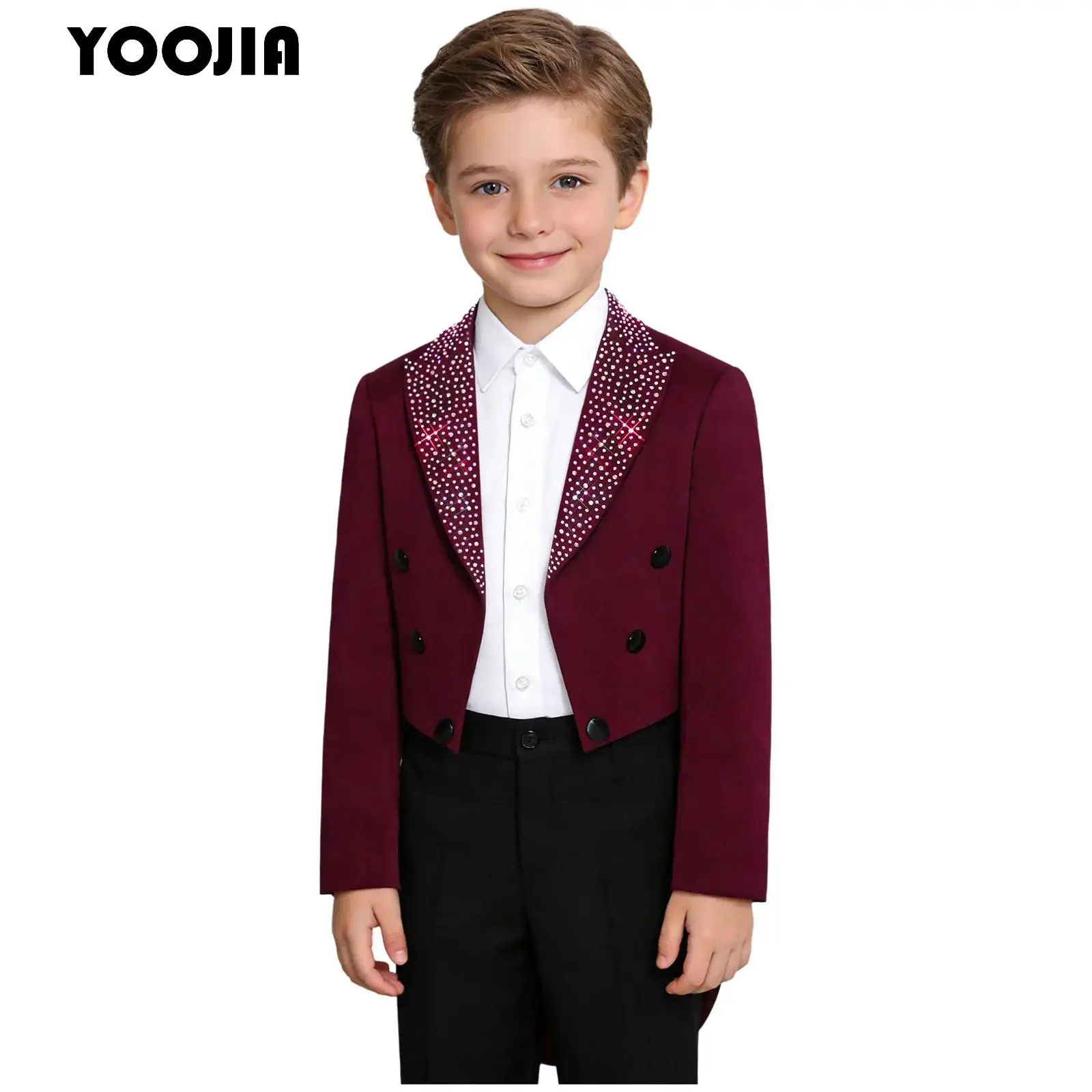 Boys Blazer Tuxedo Kid Rhinestone Tailcoat Lapel Long Sleeve Open Front Gentleman Outerwear Wedding Banquet Birthday Formal Suit