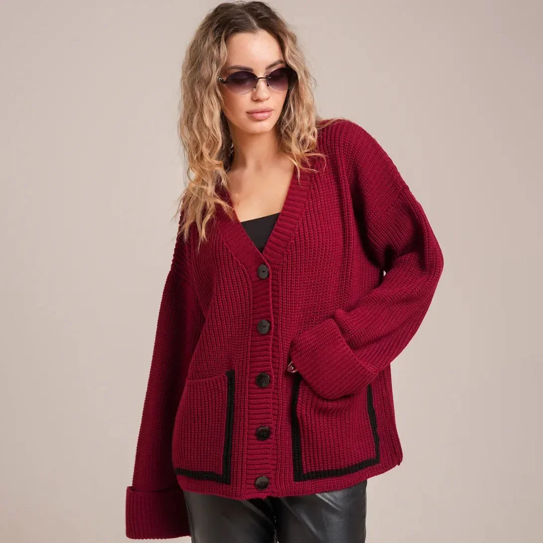 

Cardigan Women Coats Sweaters Knitted V Neck Full Sleeve Jumpers Y2k Streetwear Elegant Splice Open Stith Autumn Winter 2025