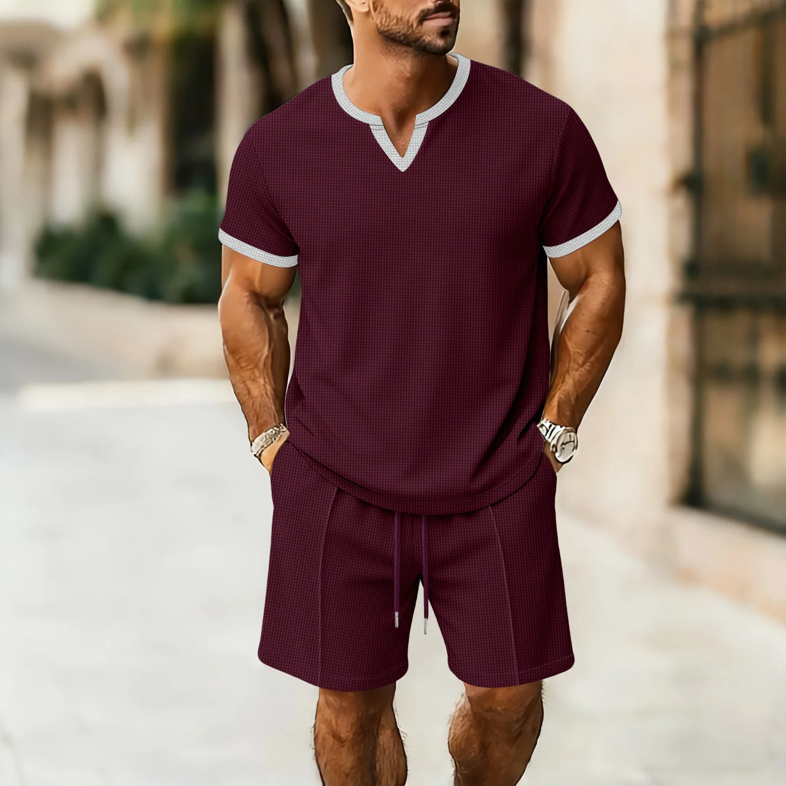 

Men'S Short Trousers Suits Wafflesolid Color Breathable V Neck Loose Short Sleeved T Shirt Shorts Suit Mens Sleeping Pants Sets