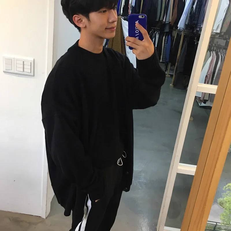 Men All-match Knitted Loose Big Sweater in Spring and Autumn Fashionable V-neck Single-breasted Pure Color Knitted Cardigan Coat