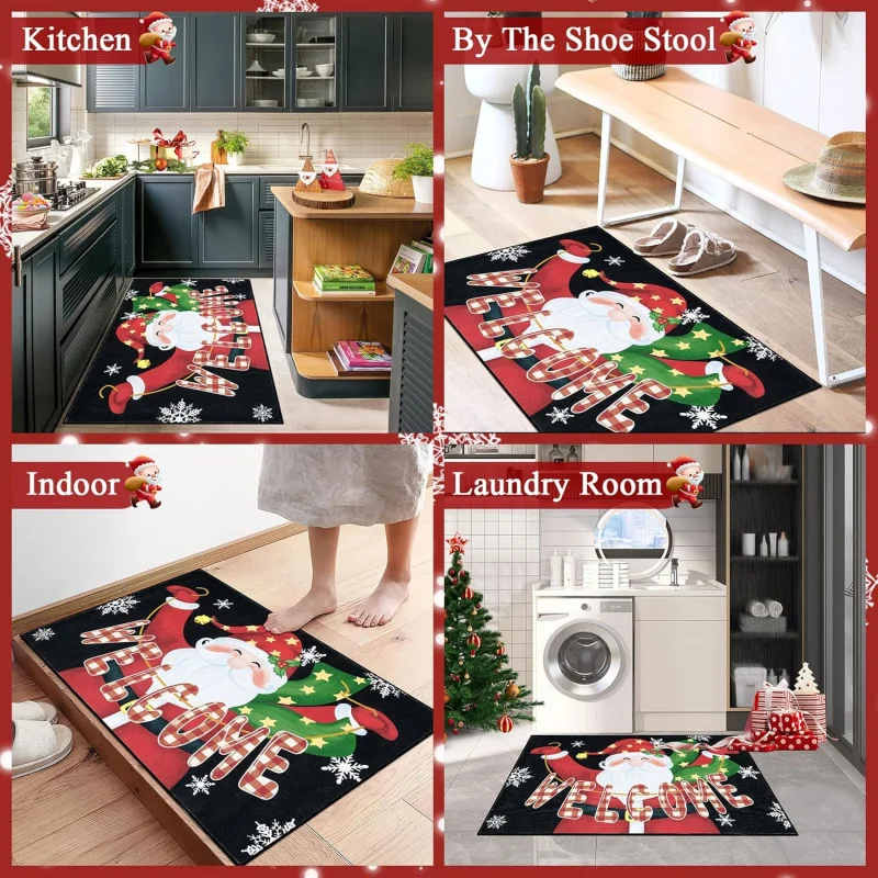 Christmas Black Welcome Winter Front Door Mat 50x80cm Santa Claus Decoration Snowflake Seasonal Festival Floor Carpet