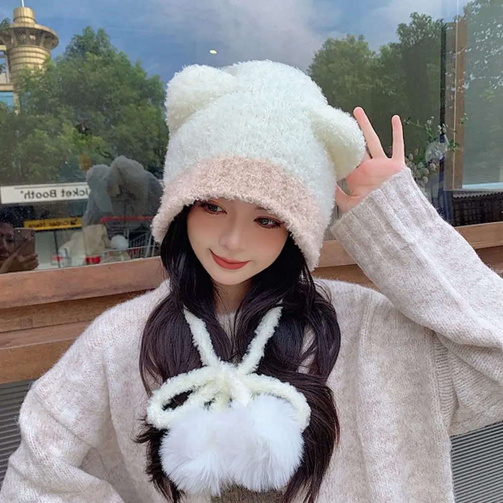 

Fashion Skull Cap Bear Ears Knitted Hat Woolen Hat Ear Protection Hat Cat Ears Beanie Beanie Hat Cartoon Plush Hat Female/Girls