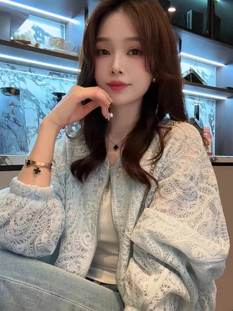 Elegant Lace Long Sleeve Casual Outerwear Women's Fashion Zipper High-End Feel Autumn Style Poetic Lin Breathable Comfortable