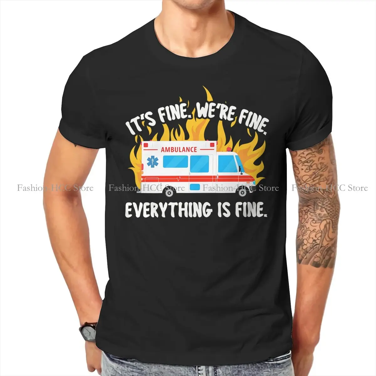 Ambulance Ambulances Crewneck TShirts EMT Paramedic EMS It's Fine We're Fine Crew Print Men's T Shirt Funny 6XL