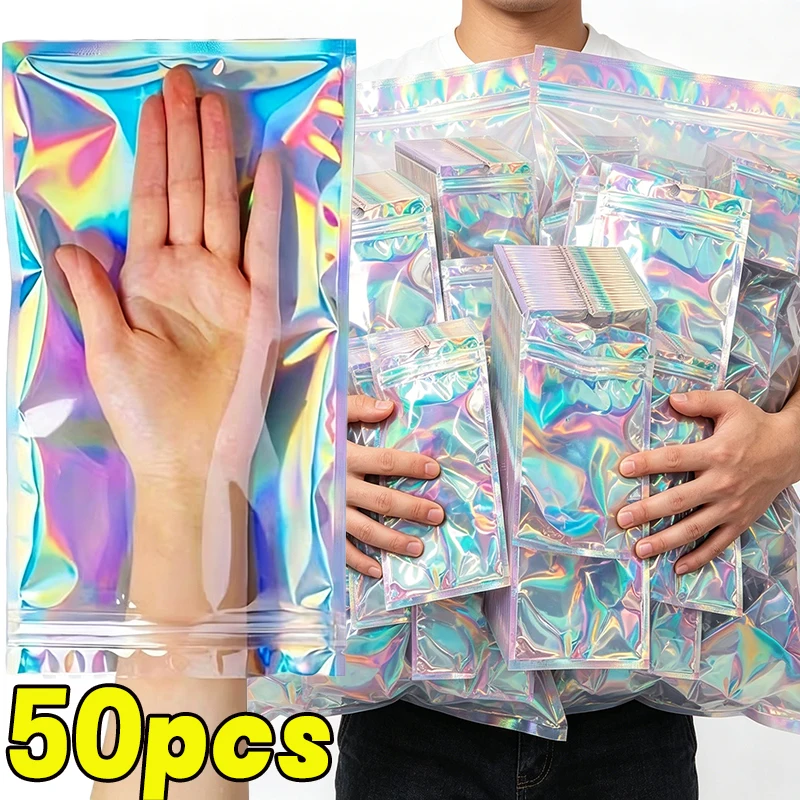 10/50PCS Laser Sealing Bags Plastic Holographic Candy Food Pouch Resealable Necklace Jewelry Gift Packaging Kitchen Storage Bag