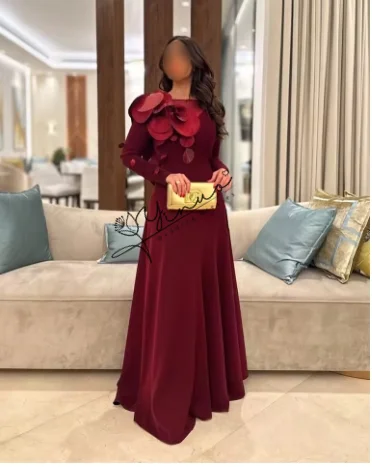 

customized High Quality Burgundy Jersey Evening Dress Delicate Flowers Appliques Crew Neck Long Sleeves Sweep Train Prom Dress