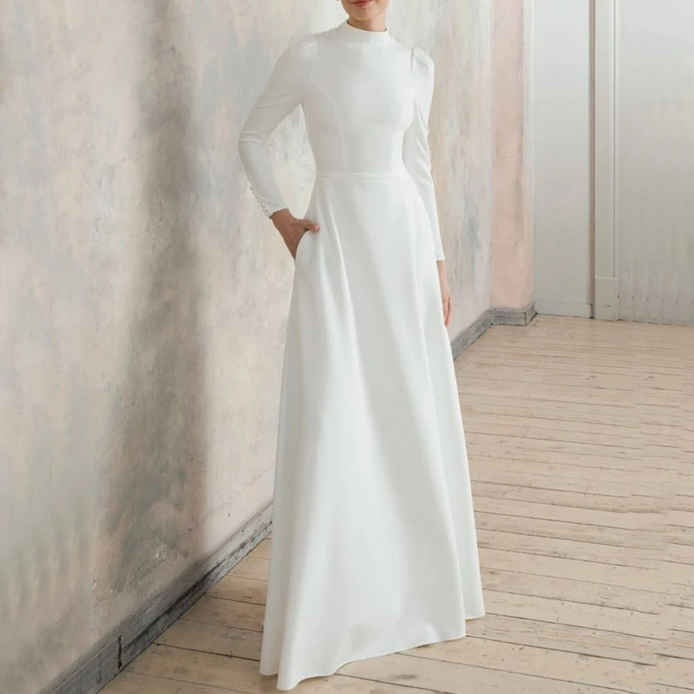 

Simple A-Line Wedding Dress High Neck Long Sleeve with Buttons and Pocket Bride Jersey Floor Length Customized vestido de novia