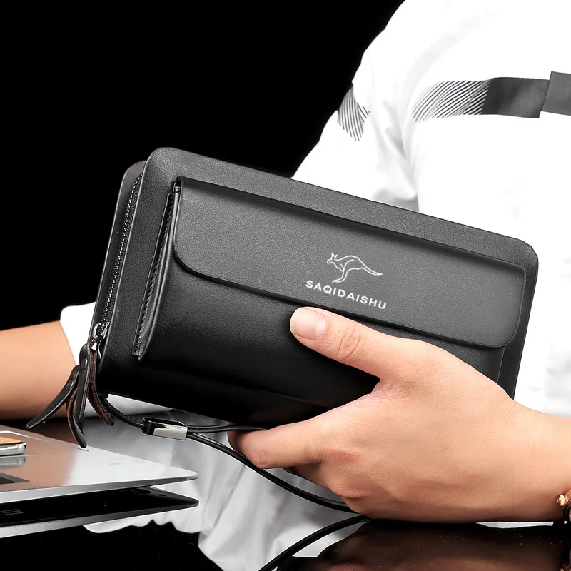 Fashion Men's Wallets Brand Double Zipper Wristlets Phone Man Clutch Bag Business Card Holders Male Leather Wallet Coin Purses