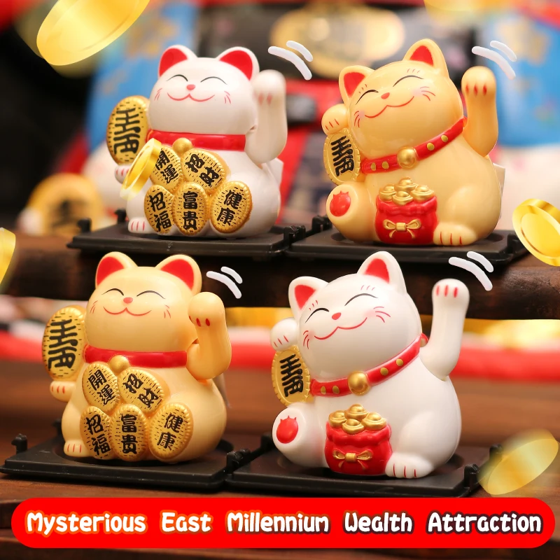 Solar Powered Maneki Neko Lucky Cat Welcoming Chinese Lucky Cat Waving Hand Beckoning Fortune Cat Figurines For Home Decor