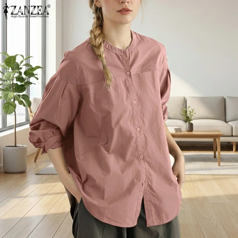 ZANZEA élégant décontracté col rond à manches longues chemises de bureau femmes automne chemise printemps solide bouton hauts femme élégante OL travail Blouse