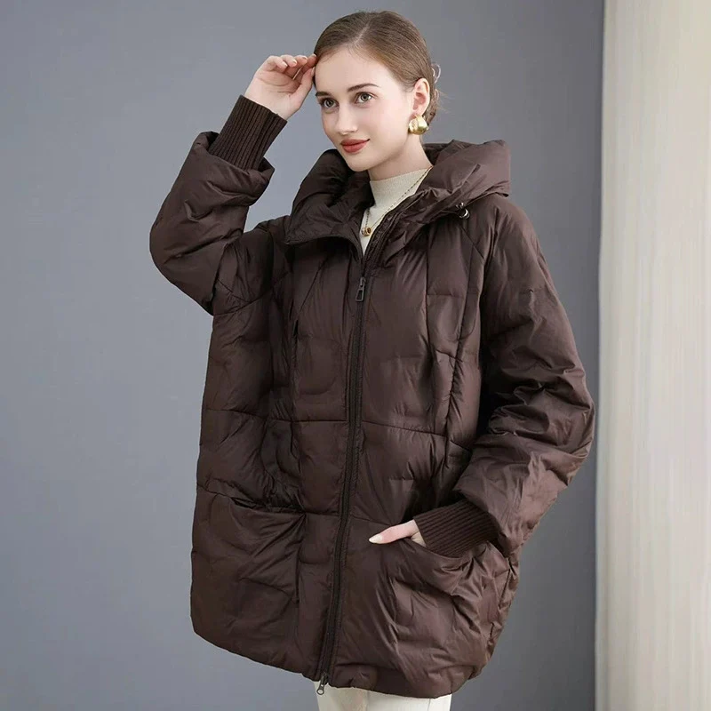 Alta qualidade newwomen pato branco para baixo jaqueta com capuz outono inverno casual solto sobre o tamanho outwear casaco quente