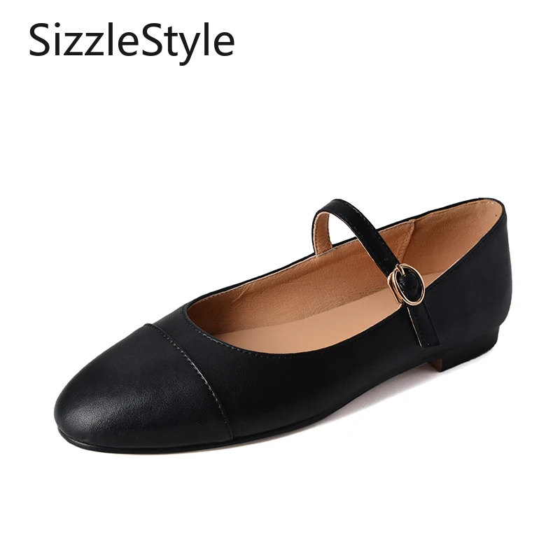 

Women Korean Split Leather Mary Jane Flat Round Toe Single Buckle Stitched Comfort Cushion Flexible Sole Slip On Red Black White