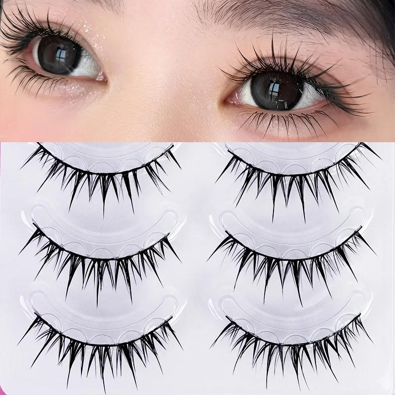 5ペアセット グルーフリー フルストリップつけまつげ ハードバンド マンガ風 DIYつけまつげ セルフ接着つけまつげ