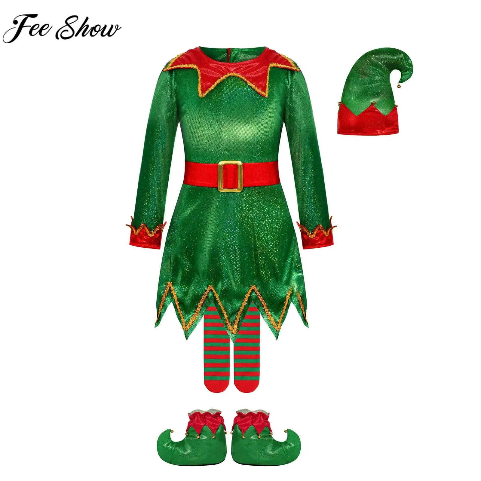 Kids Girls Christmas Elf Santa Helper Cosplay Costume Xmas Carnival Festival Party Dress with Belt Hat Stocking Shoes Covers