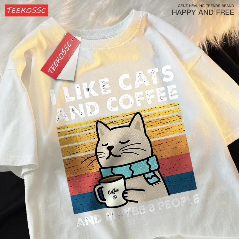 

I Like Cats and Coffee Women's T-shirt Cotton T-shirt Hip Hop Fashion Loose T-shirt Round Neck T-shirt Street Couples