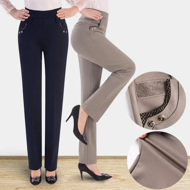 Mother Casual Straight Pants Middle-aged Women 2025 Spring Summer Elegant High Waist Stretch Pants Female Solid Trousers Woman