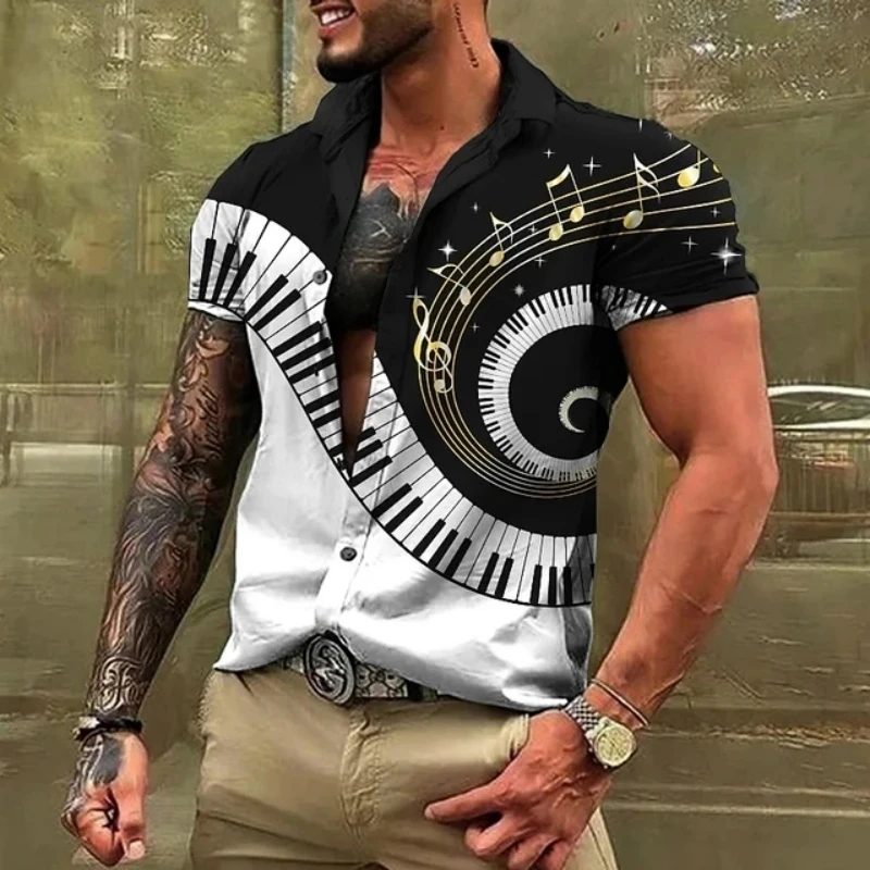 Camisa de guitarra musical para hombre, ropa Hawaiana de manga corta con estampado de arte Retro Y2K, fresca e informal, ventilar, de gran tamaño, para verano, 2024