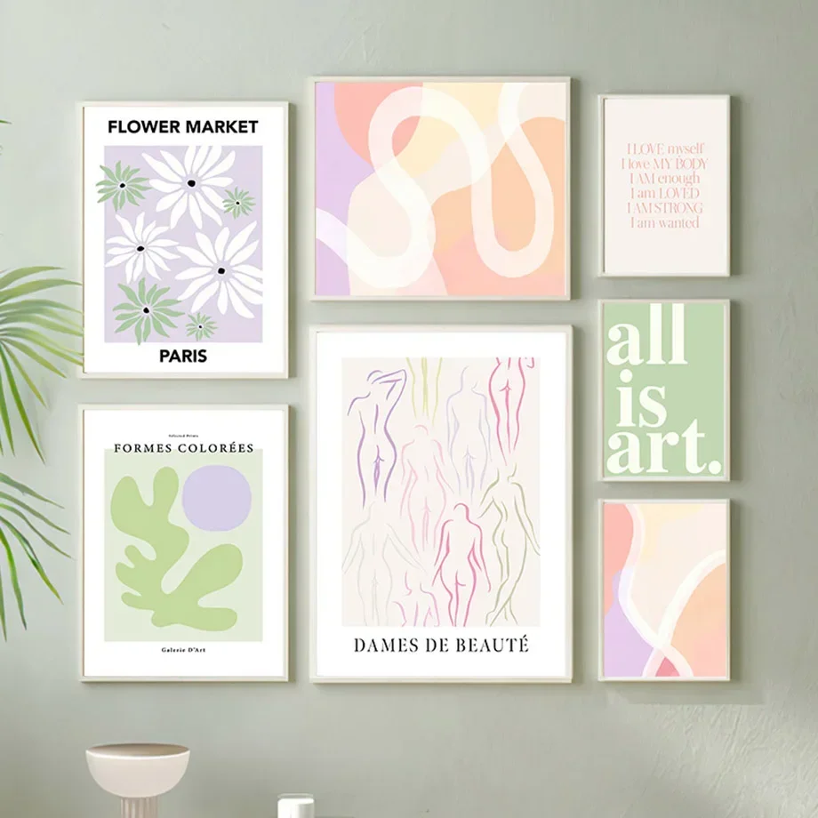 Spring Fresh Indie Pop Pink Green Flower Pastel Leaf Wall  Print Canvas  Posters for Living Room Modern Home Decor