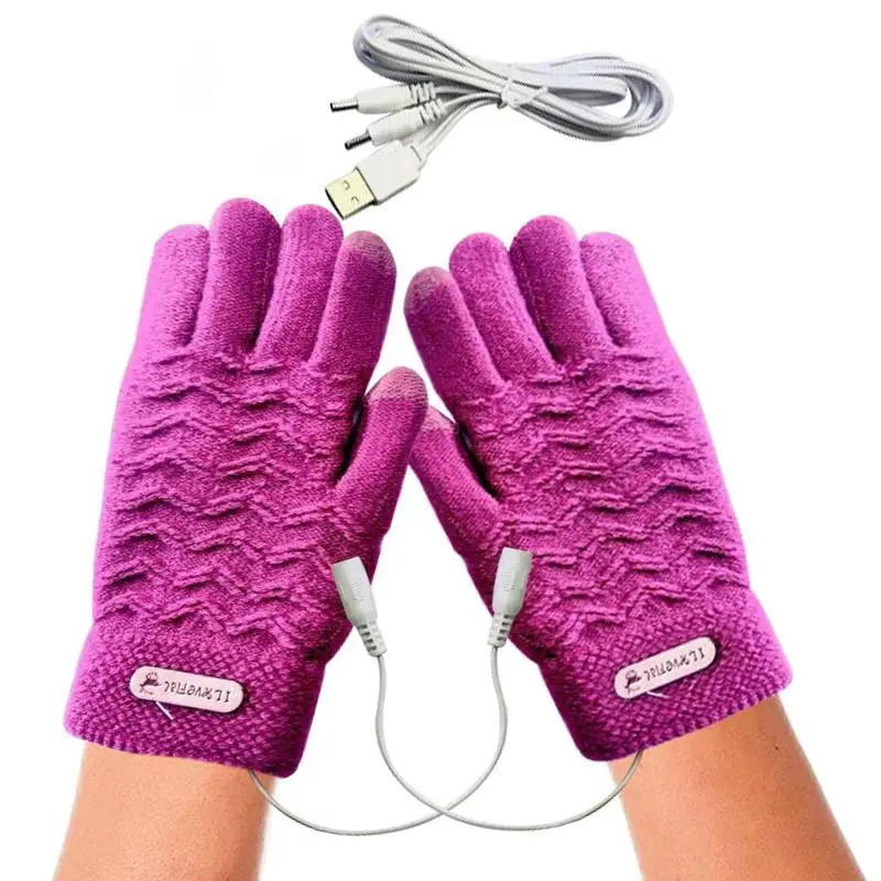 USB Electric Heated Gloves 45 Degree Heating Winter Full Fingger Gloves Knitted Mittens Women Outdoor Thermal Equipment