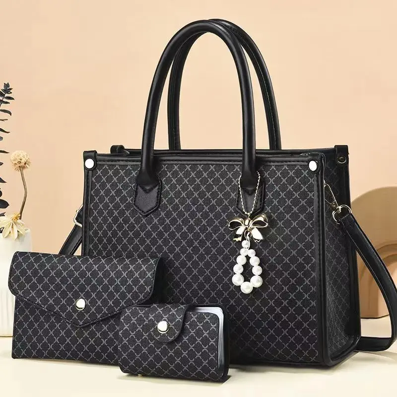 

Women Tote Handbag Set 3Pcs Fashion Trendy Plaid PU Shoulder Bag Wallet and Card Holder for Travel Daily Beach Shopping