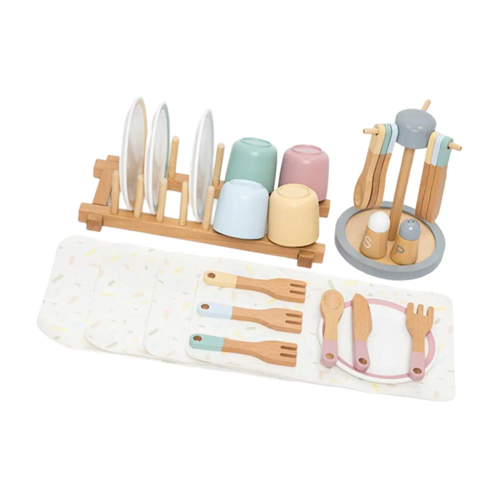 Piring Mainan Kayu, Peralatan Makan Mainan, Garpu Mainan, Peralatan Makan Mainan untuk Anak Perempuan