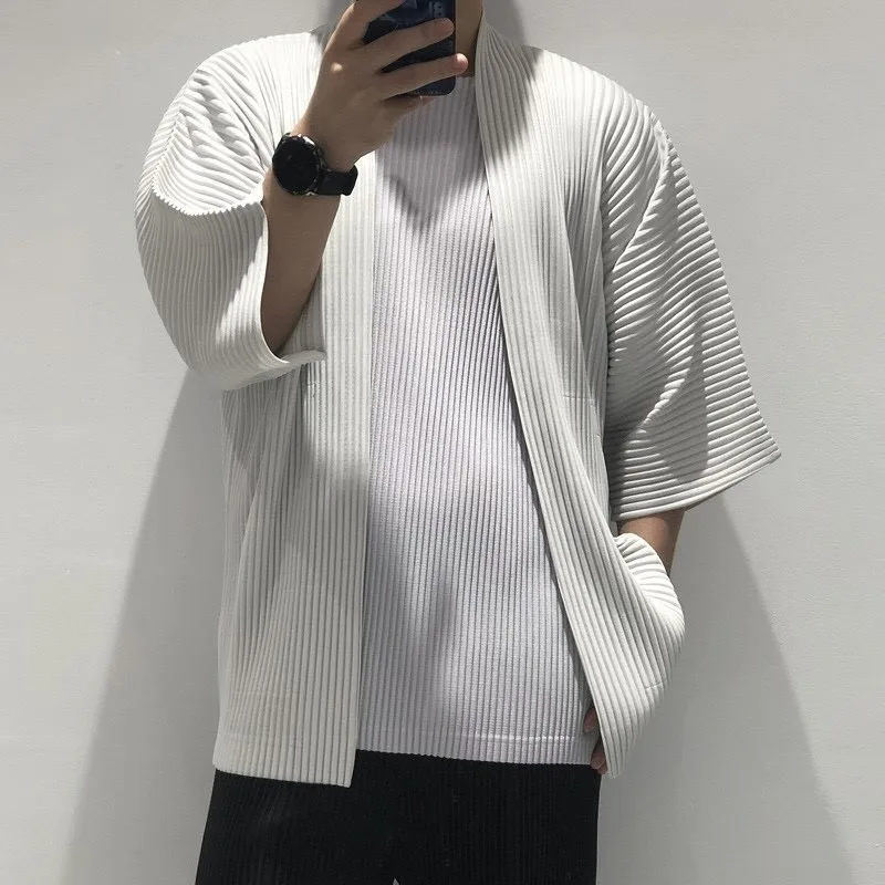 Miyake Pleated Short Sleeve Jacket Plisse Men's Taoist Robe 2026 Spring Autumn New Season Loose Plus Size Fold Coat Personality