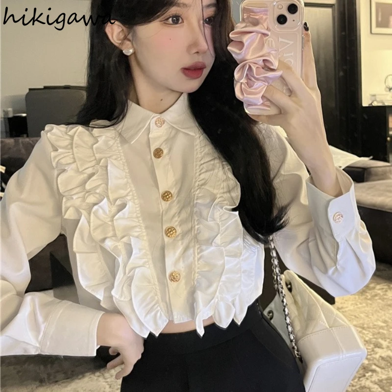 Long Sleeve White Blouse Women 2024 Blusas Mujer De Moda Single Breasted Ruffles Blouses Tops Vintage Korean Chic Summer Shirts