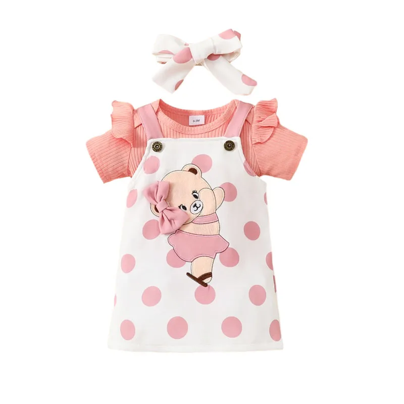 

Infant Baby Girl Spring Summer Clothes 3Pcs Headband Ribbed Romper Bear Embroidery Dots Suspender Skirt Set