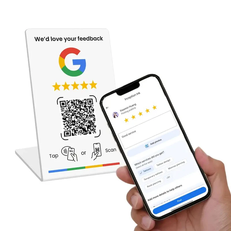 Nfc 215 código QR programable Tarjeta de revisión de Google Mesa de estación NFC NFC Reseñas de Google pantalla tarjeta doblada soporte de marca de pie