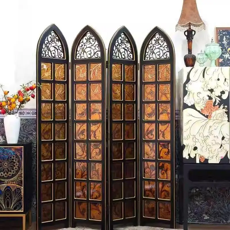 American screen partition block folding living room antique French retro art glass European bedroom black