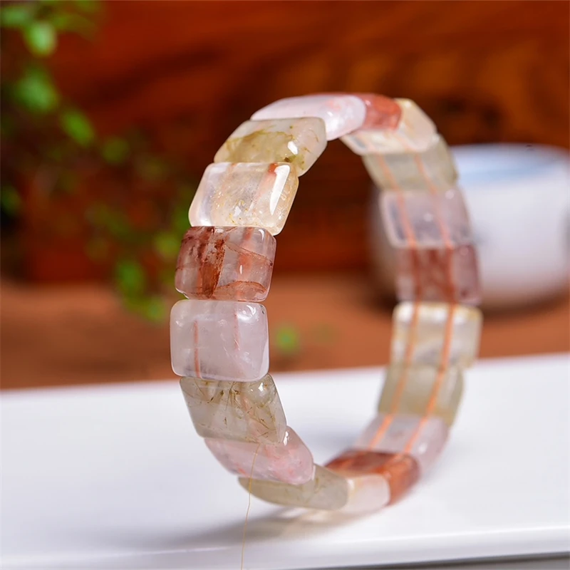 12X15MM Natural Colored Rutilated Quartz Bangle Women Men Handmade Stretch Rope Luxury Jewelry Energy Healing Gift 1PCS