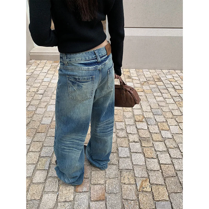 ベニュインフィー 2025 秋冬 アメリカンレトロ ミッドウエストジーンズ レディースファッション ルーズウォッシュド ストレートワイドレッグデニムパンツ