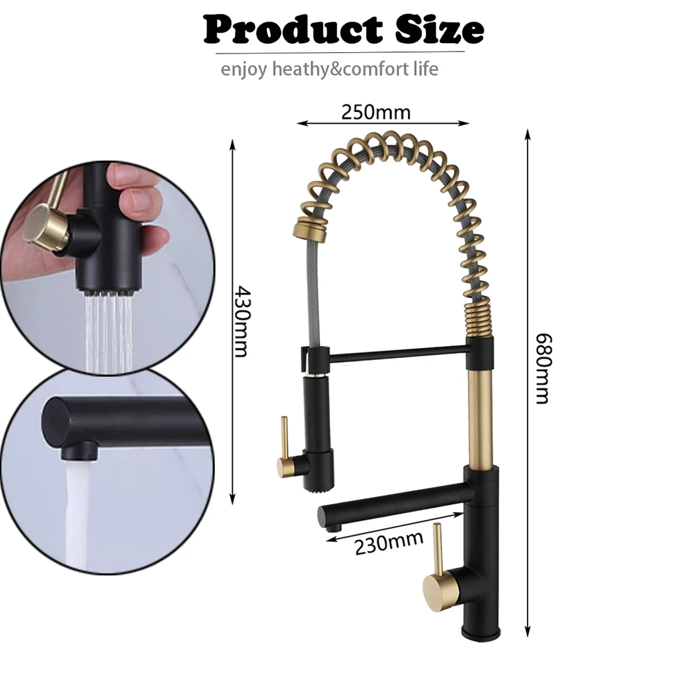KEMAIDI Black&Brush Gold Gourmet Kitchen Spring Faucets Kitchen Sink Faucet Hot Cold Water Mixer 360 Degree Rotation Tap