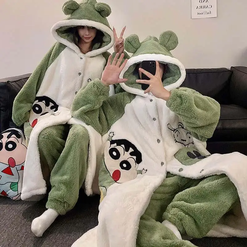 Crayon Shin-Chan Women's Men's Pajamas Set Winter Warm Couple Sleepwear Thick Coral Velvet Robe Cute Cartoon Animal Loungewear
